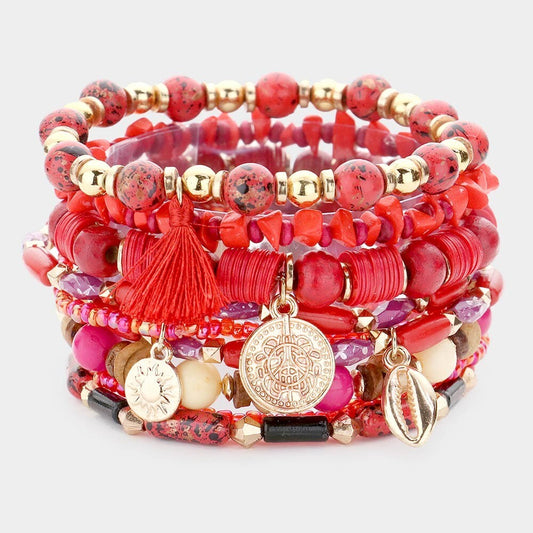 9PCS Boho Beaded Stretch Bracelets Set Puka Shell Coin Charm Women Jewelry Gift