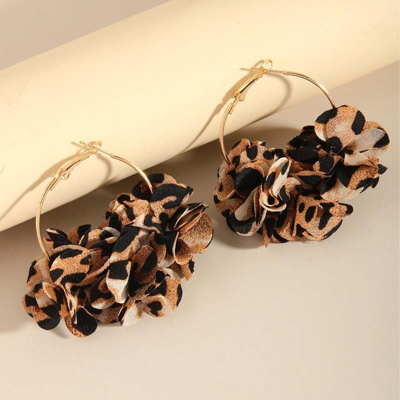 Leopard Print Flower Hoop Earrings Fabric Cluster Oversized Statement Jewelry
