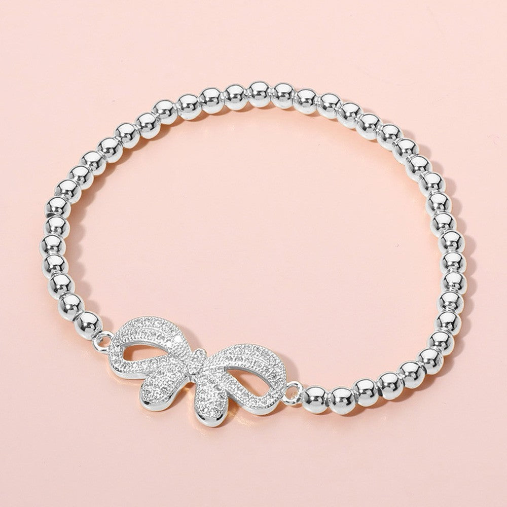 2-Piece Set  Gold & Silver Bow Beaded Stretch Bracelet Womens Stainless Steel