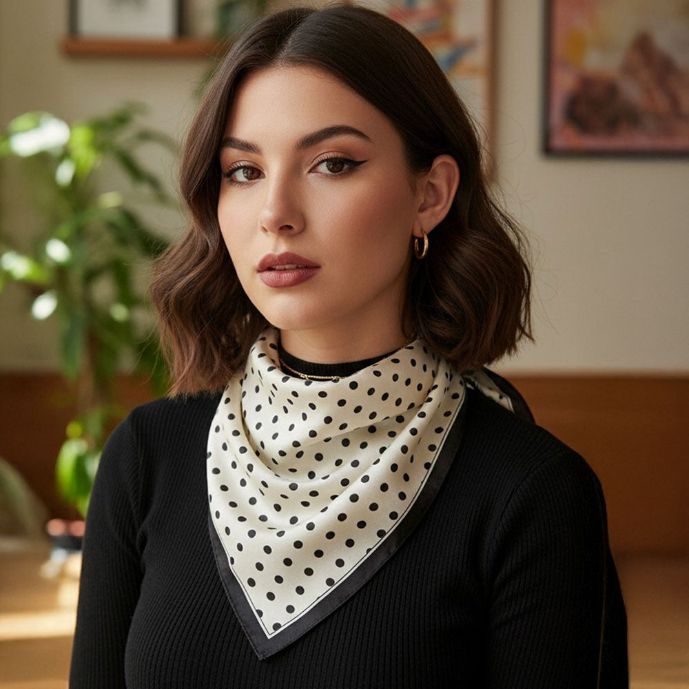 2pcs Polka Dot Square Neck Scarf Silk Feel Retro Head Bandana Black White 27.5"