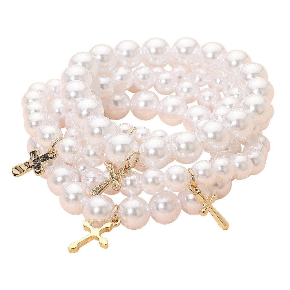 5PC Set Faux Pearl Stretch Bracelet Gold Cross Charm Religious Communion Gift