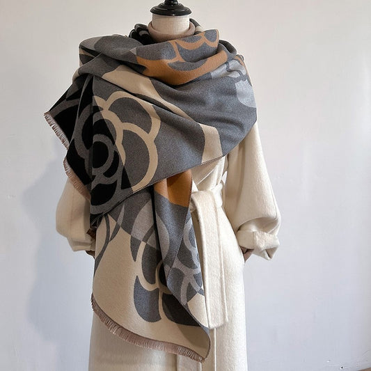 Black Gray Tan Oversized Camellia Floral Winter Blanket Scarf Shawl Wrap
