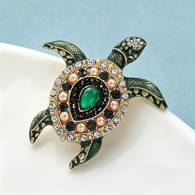 2pcs Sea Turtle Brooch Set Green Brown Enamel Crystal Rhinestone Animal Pin