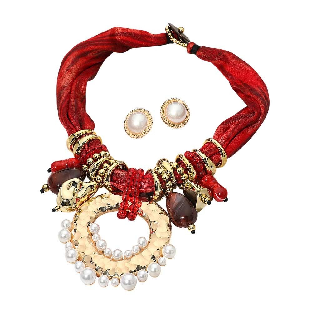 Red Fabric Choker Necklace Set Gold Tone Hammered Ring Faux Pearl Earrings
