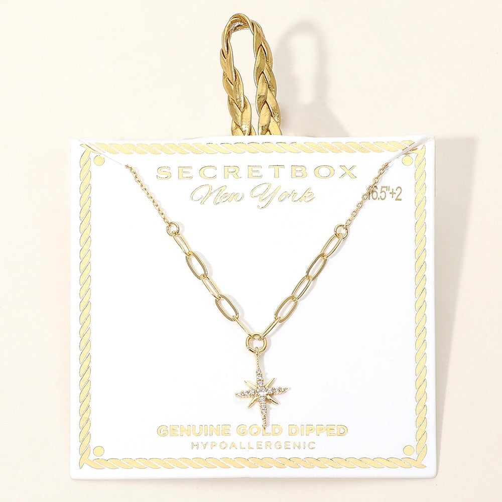 Genuine Gold Dipped North Star Pendant Necklace with Paperclip Chain