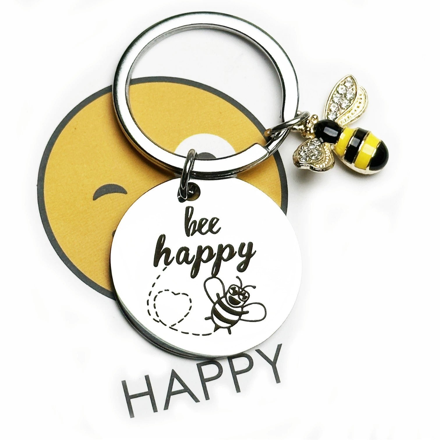 3PCS "Bee Happy" Keychain Gift Set with Bee Charm & Rhinestones