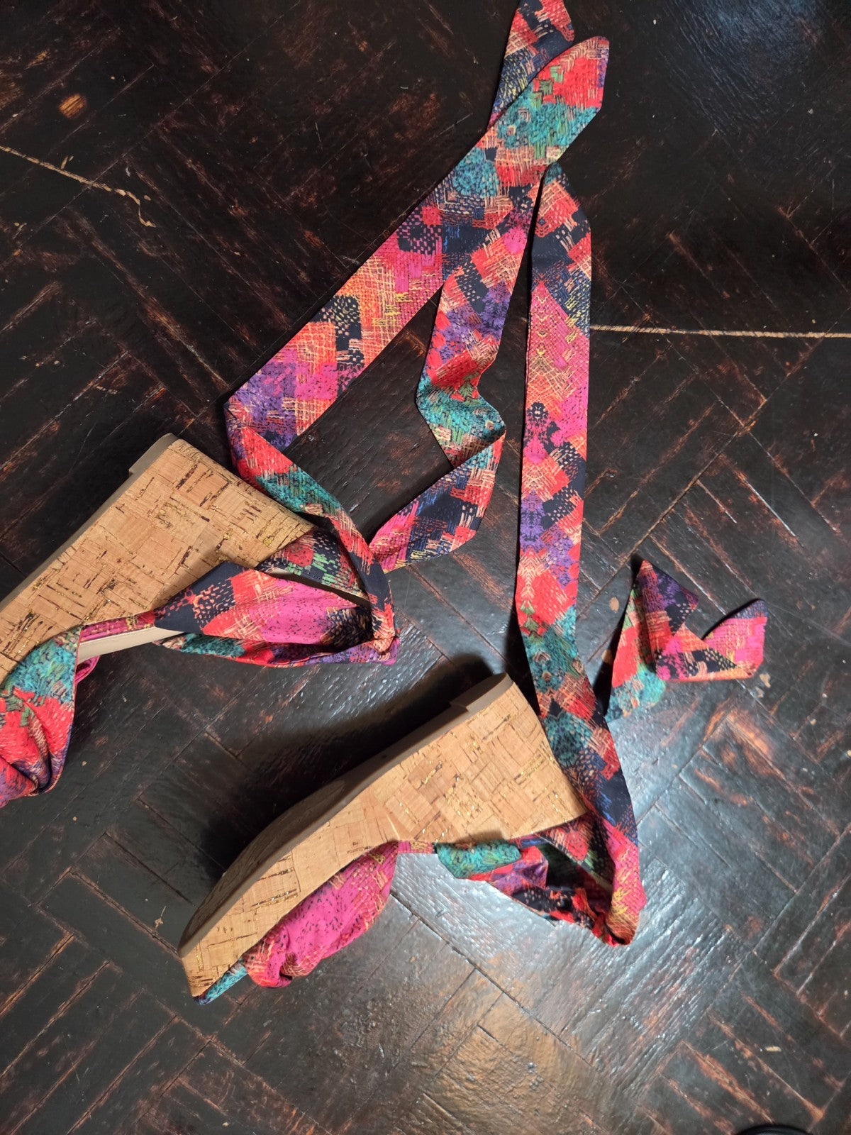 Oasis Multicolor Wedge Sandal Women’s Size 6.5 US Tie Up Strappy Fabric Heel