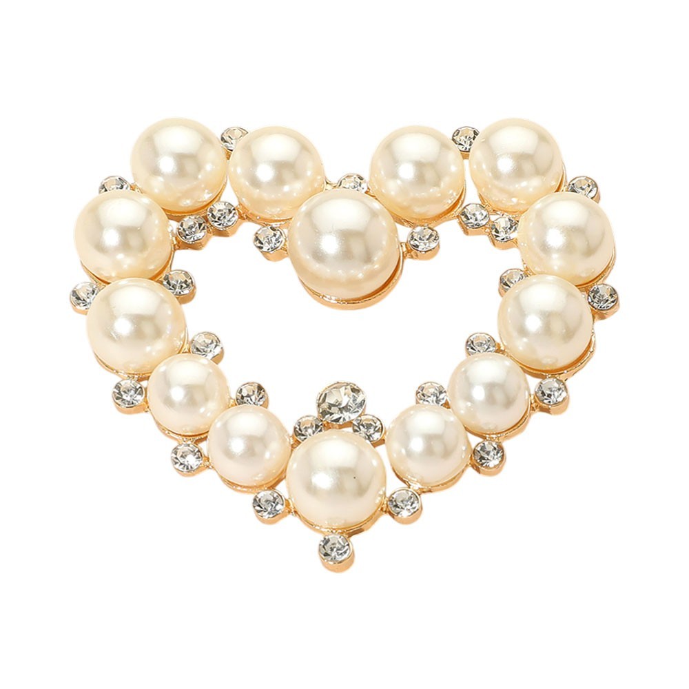 2PCs Faux Pearl Rhinestone Heart Brooch Set Gold & Silver Tone Pin Gift Duo