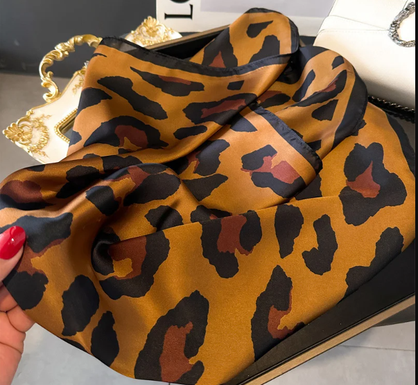 Leopard Print Silky Feel Hair Scarf Women Square Bandana Neck Kerchief Wrap