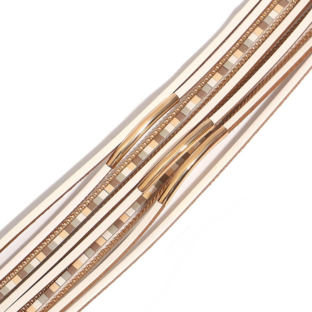 2PC Leopard Print & White Faux Fur Leather Cuff Bracelet Set w/ Magnetic Clasp