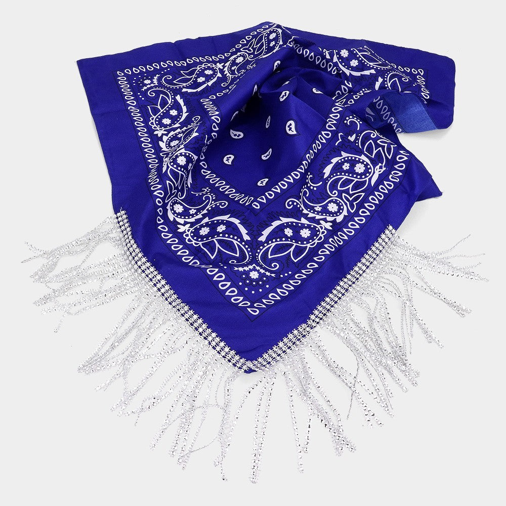 Rhinestone Like Fringe Ends Paisley Pattern Cowgirl Bandana Scarf for Women Blue