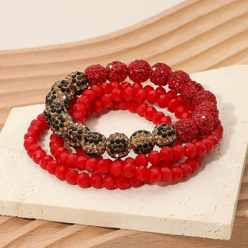 4pc Red Beaded Stretch Bracelet Stack Leopard Print Pave Rhinestone Disco Balls