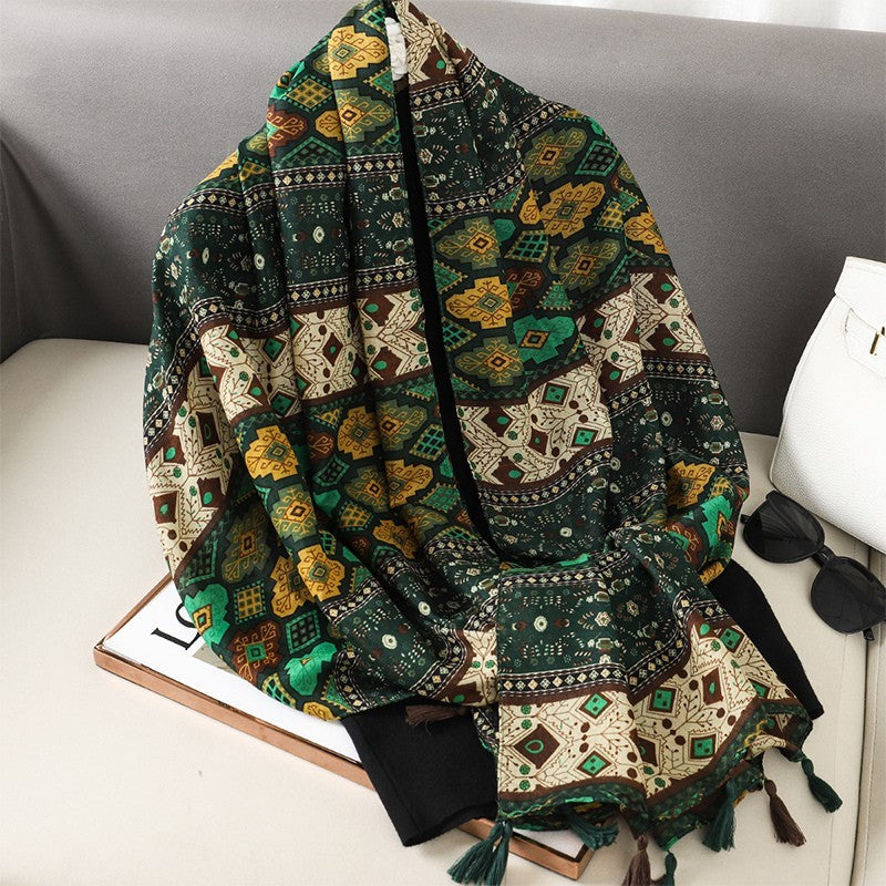 2PCS Women's Oversized Geometric Tassel Shawl Scarf Black & Green/Brown 72.8in