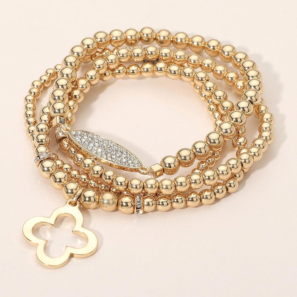 4pc Gold Beaded Stretch Bracelet Set with Pave Eye and Clover Charms - Bold