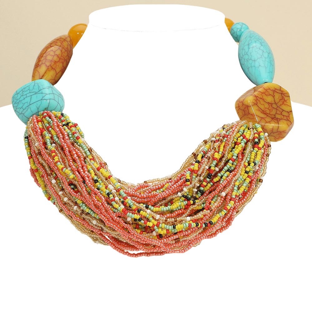 Multi-Strand Seed Bead Turquoise Coral Statement Necklace Fashion Jewelry