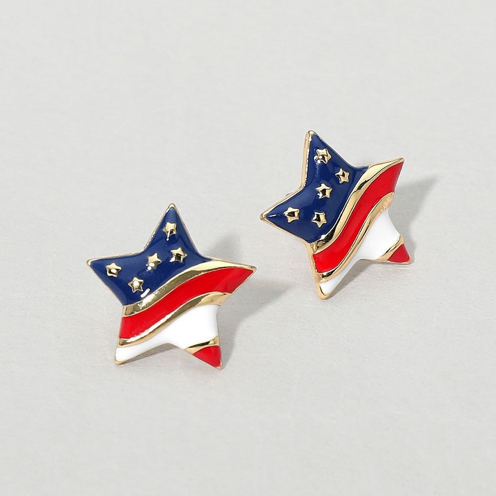 Patriotic American Flag Star Stud Earrings Red White Blue Enamel Jewelry Gift