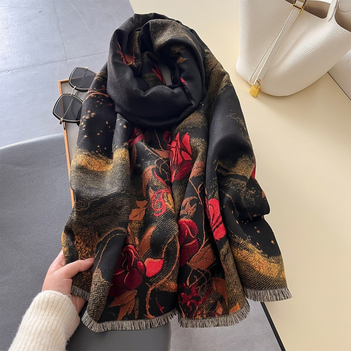 Black Gold Red Rose Floral Shawl Wrap Scarf Cashmere Feel Fringe 72.8" x 25.6"