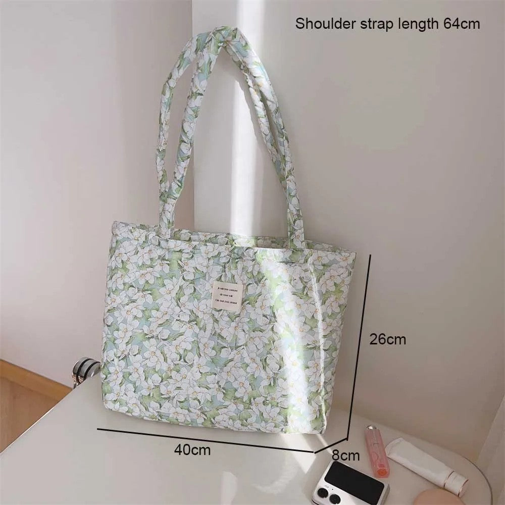 Cotton Floral Tote Bag Women Handbag Trendy Chic Quilted Padded Shoulder Bag