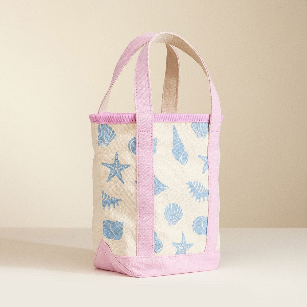 Canvas Seashell Print Mini Tote Bag Pink Trim Coastal Beach Vacation Handbag