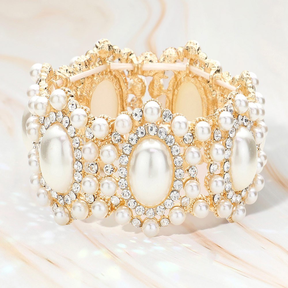 Women's Cream Gold Oval Faux Pearl Rhinestone Link Stretch Evening Bracelet