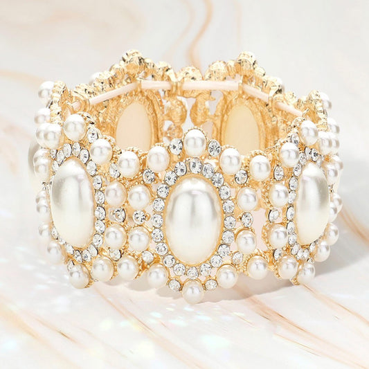 Women's Cream Gold Oval Faux Pearl Rhinestone Link Stretch Evening Bracelet