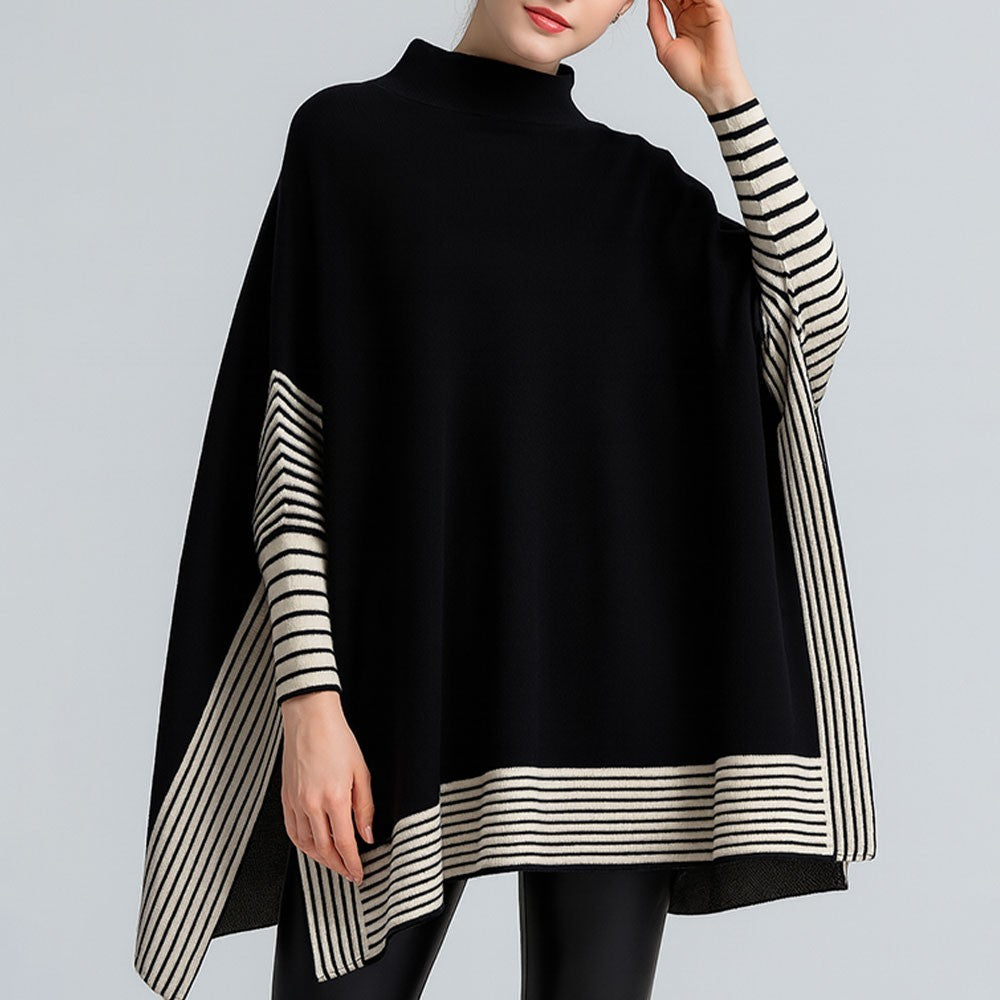 Women's Black & Cream Stripe Knit Poncho Cape Shawl Mock Neck One Size Top