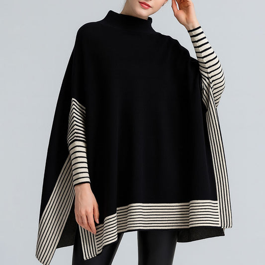 Women's Black & Cream Stripe Knit Poncho Cape Shawl Mock Neck One Size Top