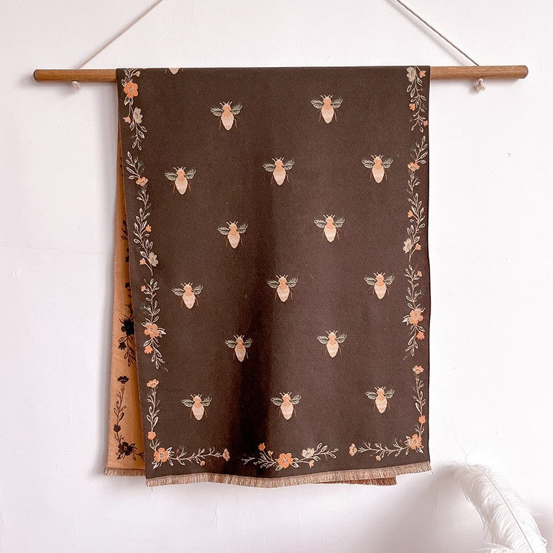 Statement Shawl Bee and Floral Embroidery Lightweight Soft Polyester Wrap