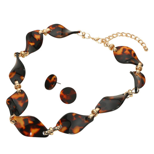 Chunky Wavy Tortoise Resin Necklace with Matching Stud Earrings for Women