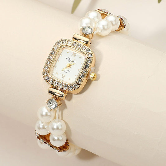 Elegant Gold-Tone Quartz Imitation Pearl Bracelet Watch with Crystal Accents