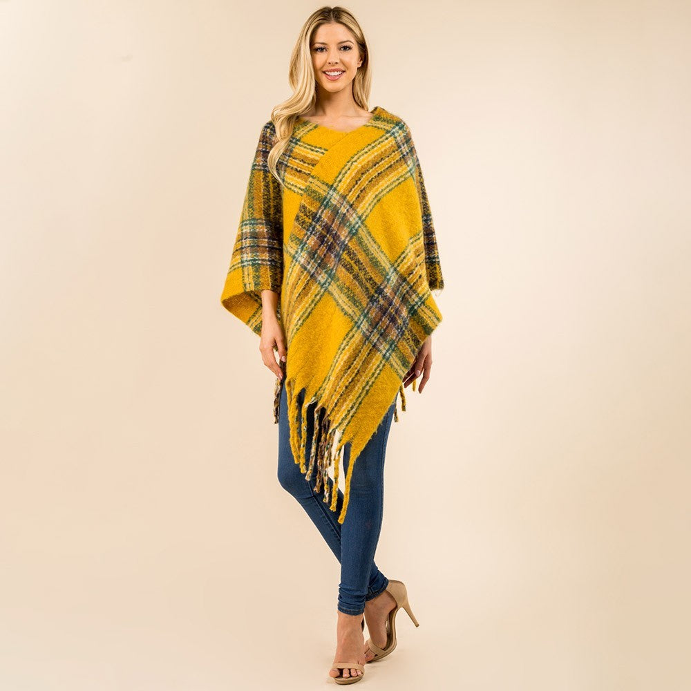 Plaid Poncho Women Fringe Hem Knit Shawl Wrap Cape Winter Layering Cozy