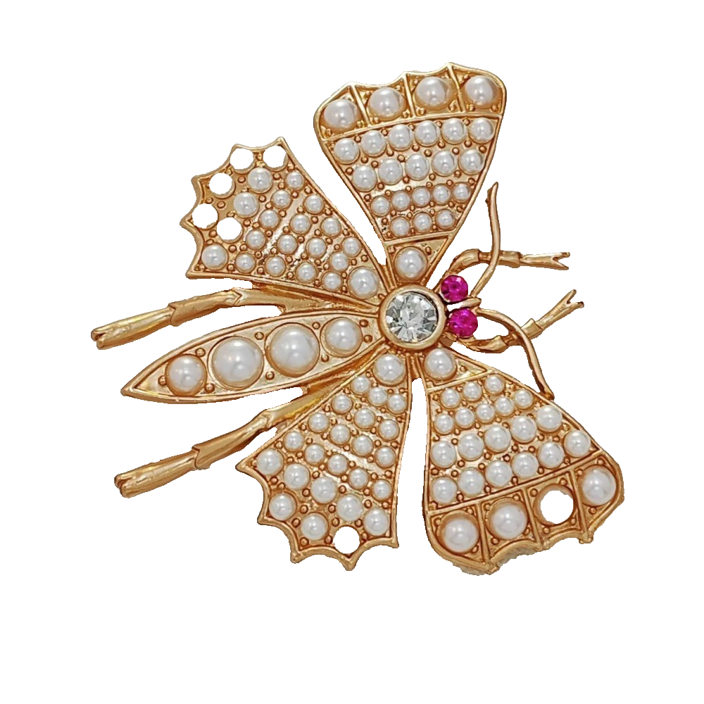 Gold Pearl Butterfly Brooch Insect Pin Rhinestone Crystal Vintage Style