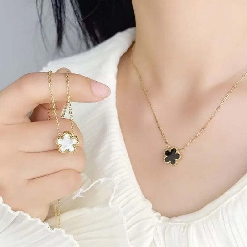 2-in-1 Set! Black & White Clover Flower Necklaces Gold Stainless Steel Jewelry