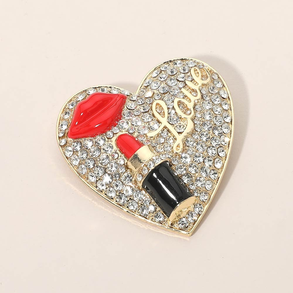 Rhinestone Heart Love Lipstick and Red Lips Brooch Pin in Polished Gold Tone