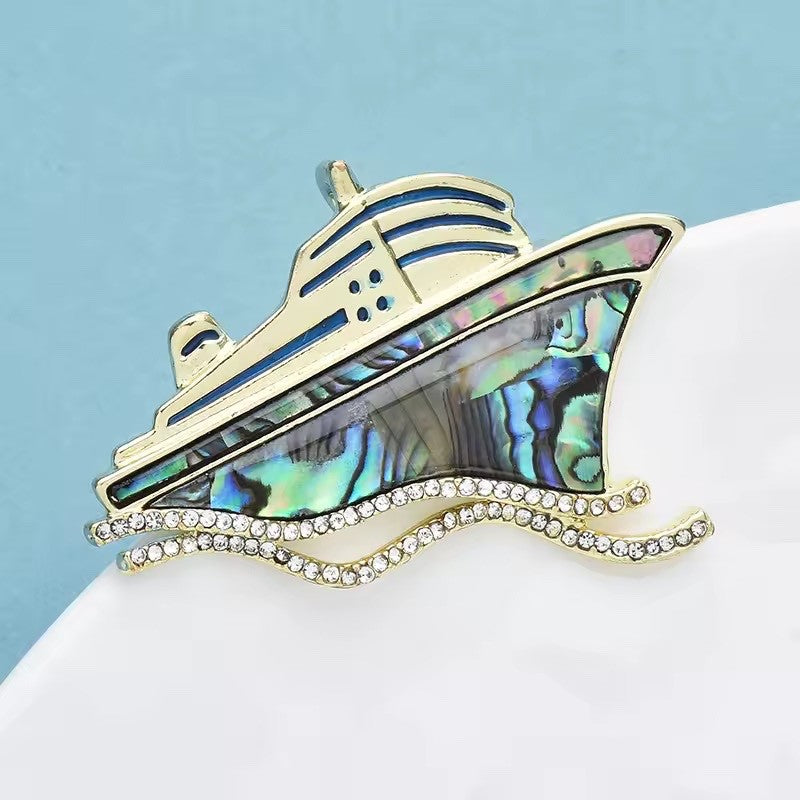 Abalone Shell Cruise Ship Brooch Rhinestone Nautical Boat Vacation Pin