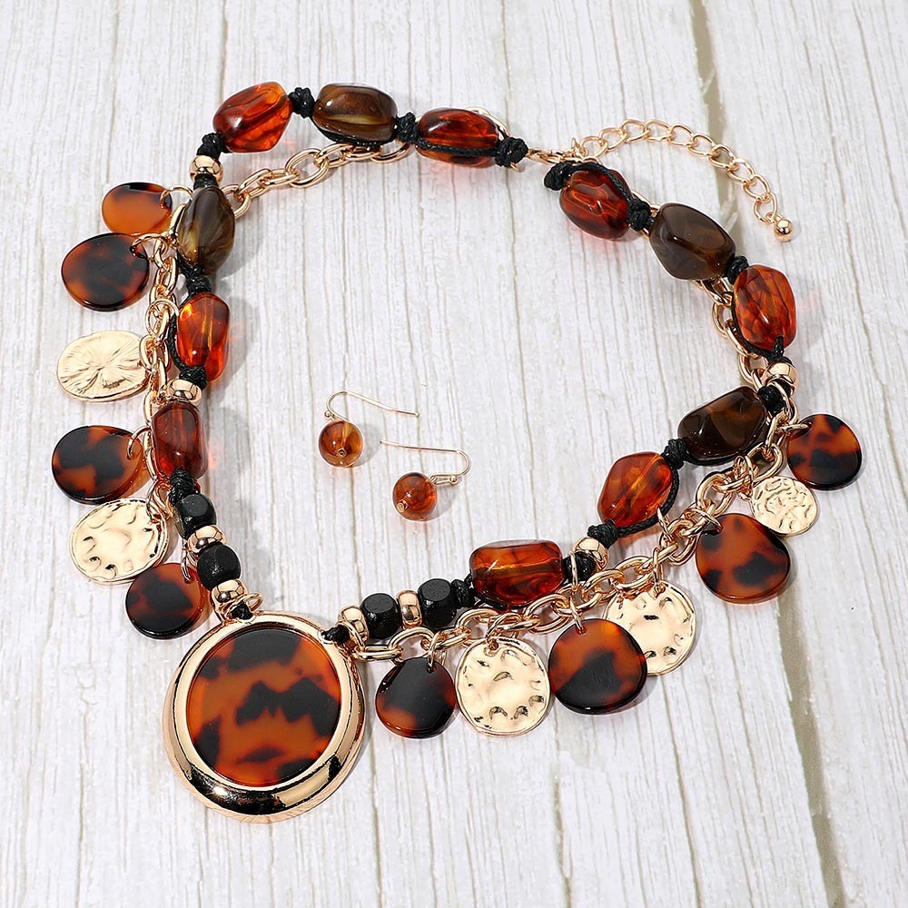Tortoiseshell & Gold Tone Layered Charm Statement Necklace & Earrings Set