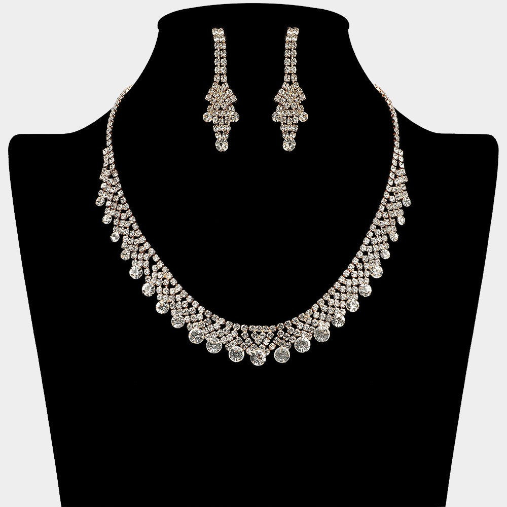Women's Round Stone Tip Rhinestone Paved Collar Necklace & Earrings Jewelry Set