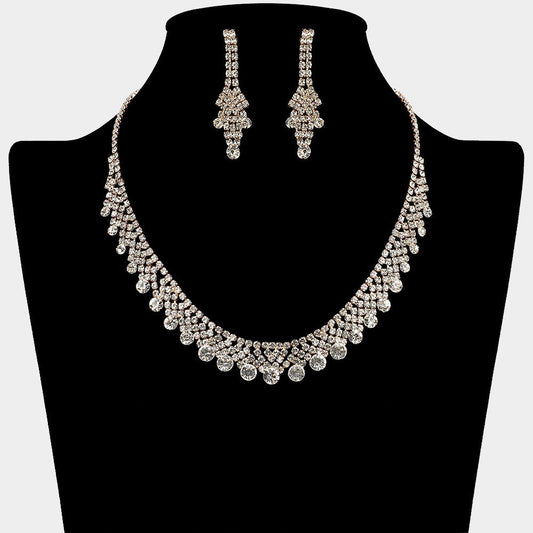 Women's Round Stone Tip Rhinestone Paved Collar Necklace & Earrings Jewelry Set