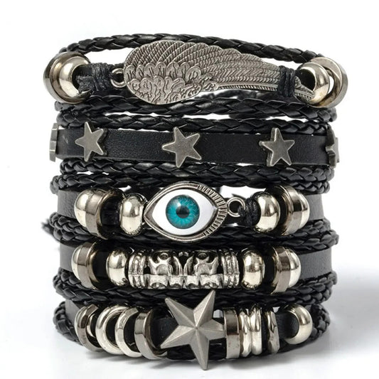 Spiritual Protection Evil Eye Bracelet Set 5pcs Stackable Faux Leather Bracelets