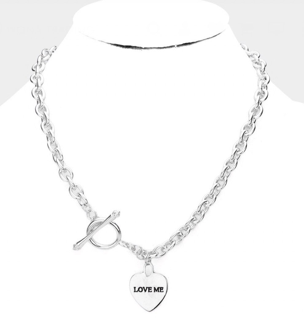 Silver Tone LOVE ME Heart Charm Toggle Necklace with Chunky Link Chain Jewelry
