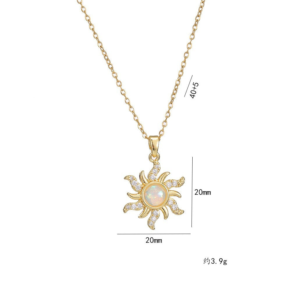 Gold Sunburst Opal Pendant Necklace with CZ Stones – Dainty Solar Charm Jewelry