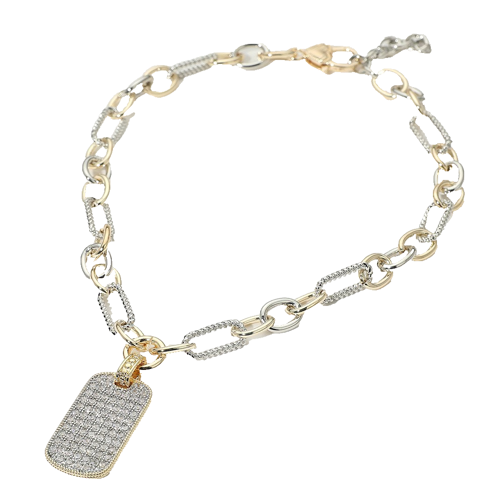 14K Gold Plated Two Tone CZ Dog Tag Pendant Chunky Chain Necklace for Women