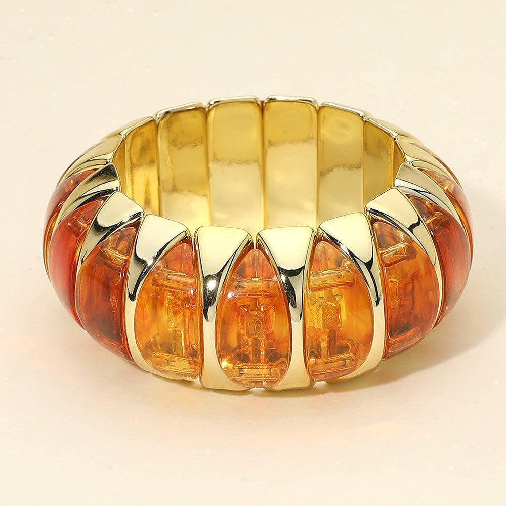 Gold Translucent Amber Orange Resin Chunky Ribbed Statement Stretch Bracelet