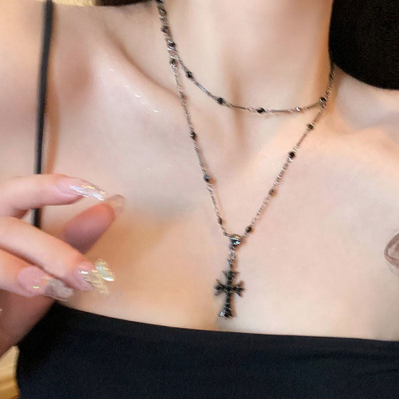 Black Cross Necklace with Beaded Chain for Women Gothic Vintage Jewelry Gift