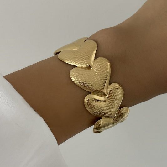 Statement Gold Tone Brushed Heart Cuff Bracelet Bangle Wide Open Adjustable