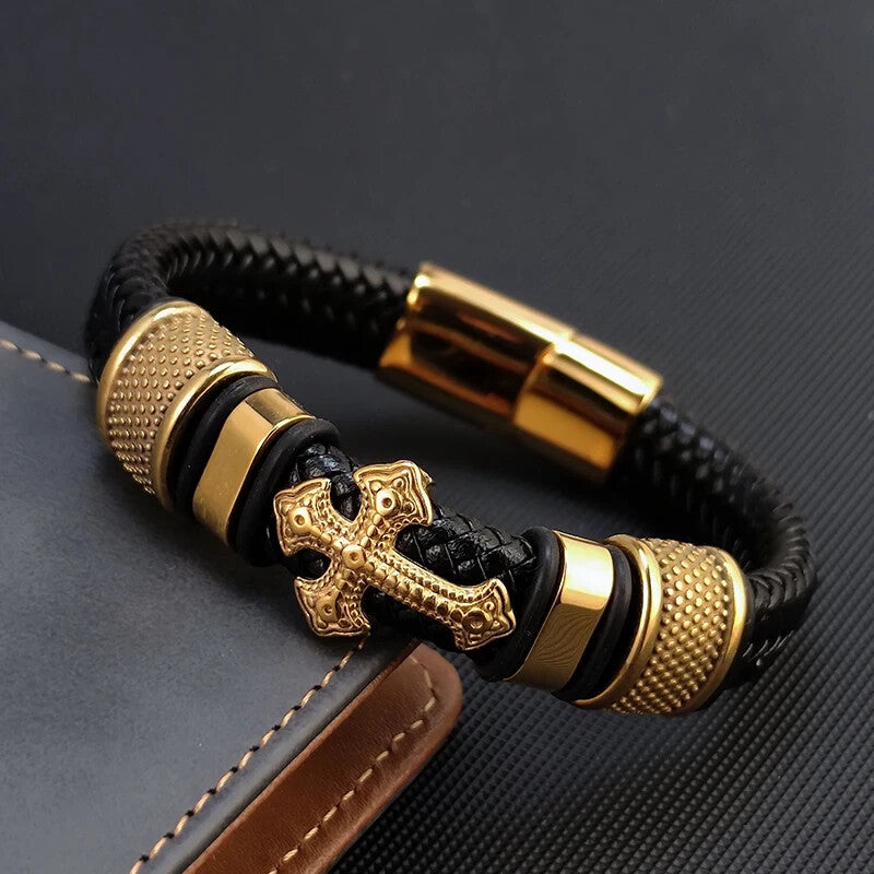 Fashion Gold-Plated Cross Leather Bracelet Unisex 7.2 inches Mens Wrap Bracelets