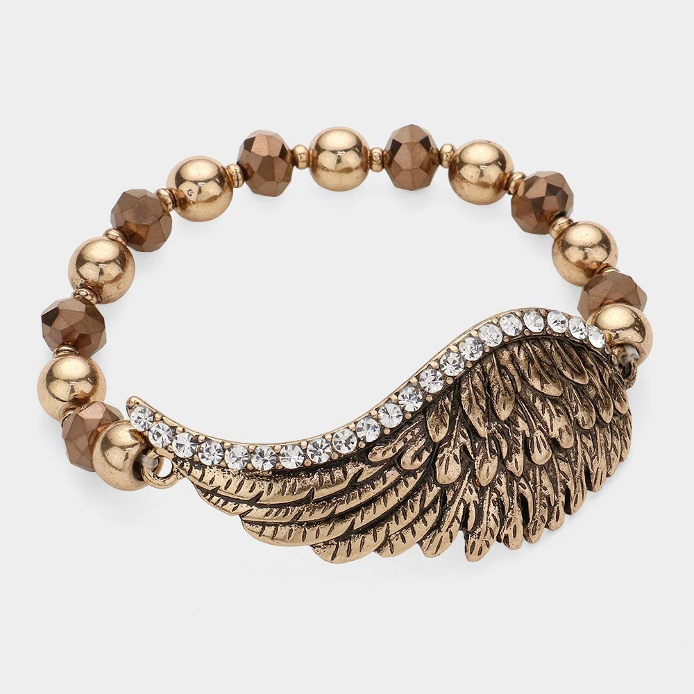 Gold Tone Angel Wing Rhinestone Charm Beaded Stretch Bracelet for Women