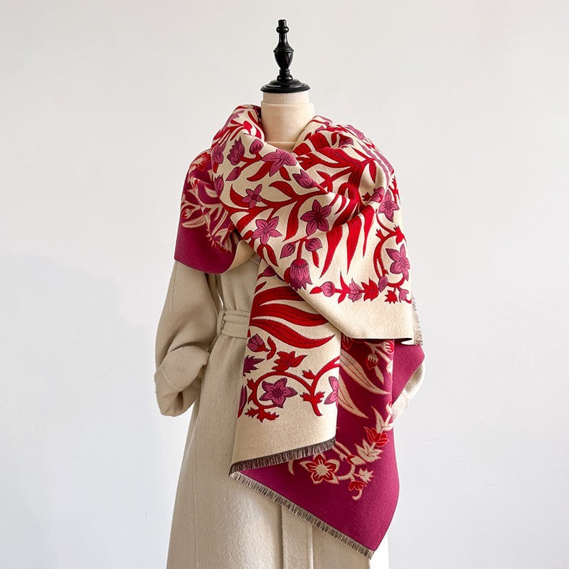 2PC Floral Reversible Shawl Scarf Wrap Oversized Thick Warm Red Green & Maroon