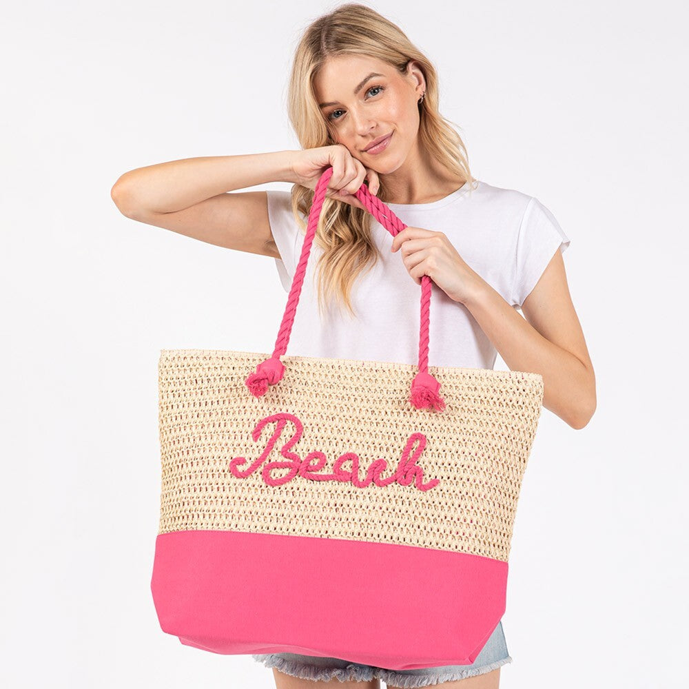 BEACH Embroidered Crochet Tote Bag with Rope Handles Summer Beach Bag Pink