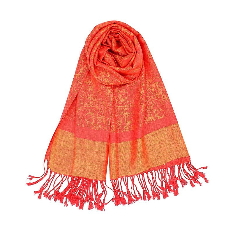 Orange Pashmina Shawl Scarf Paisley Jacquard Wrap Evening Stole With Tassels